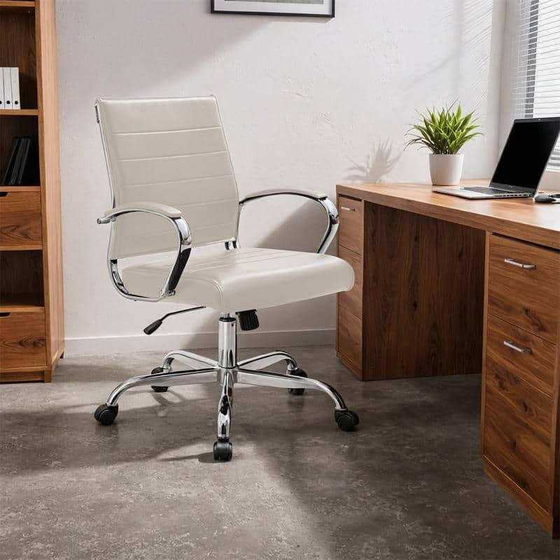 Benmar Leather Ribbed Office Chair with Chrome Frame, Adjustable Height, Tilt Lock, 360° Swivel, and Smooth Rolling Casters