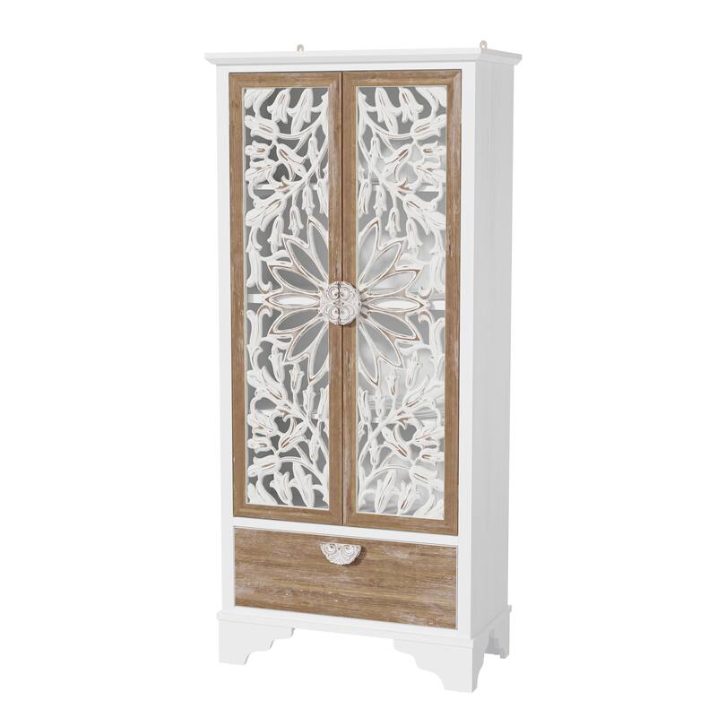 Solid Wood Tall Storage Cabinet, 31.5" Farmhouse Distressed White Carved Armoire with Shelves and Drawer - 31.5"x68.9"
