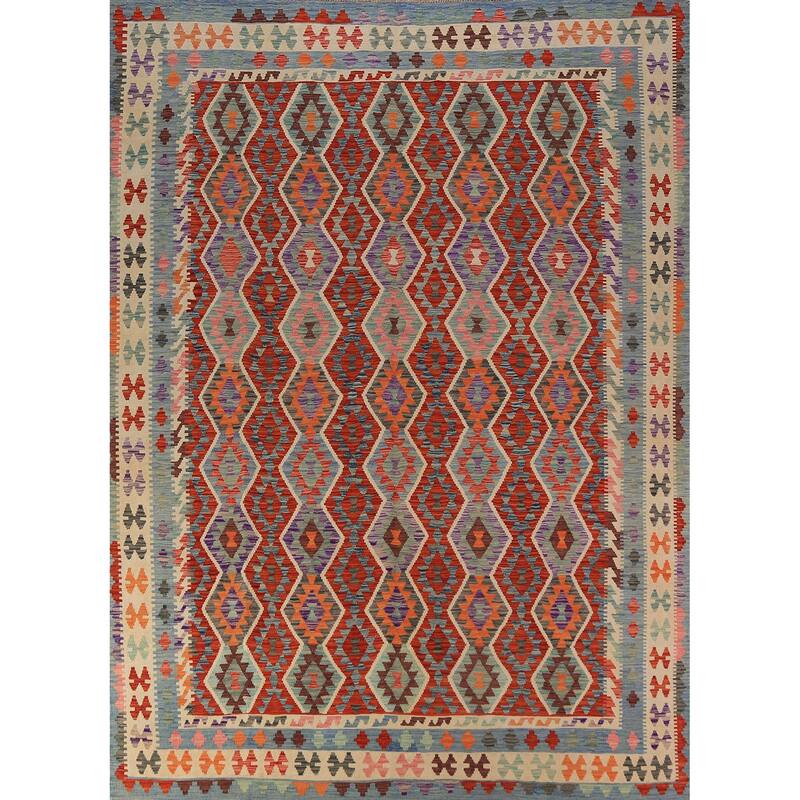 Geometric Kilim Area Rug Flatweave Oriental Wool Carpet - 8'4"x 11'2"