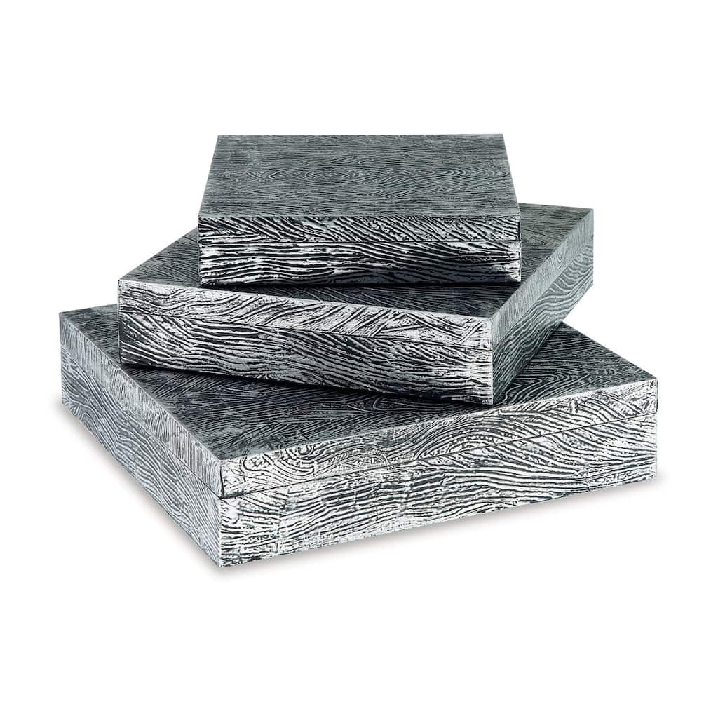 Lida Decorative Storage Box Set of 3, Wood and Pewter Gray Metal Finish