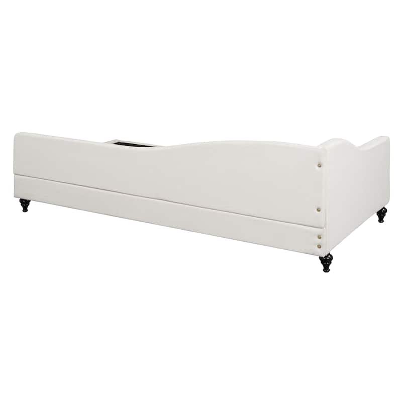 Twin Size L-Shaped Linen Daybed with Solid Wood Legs