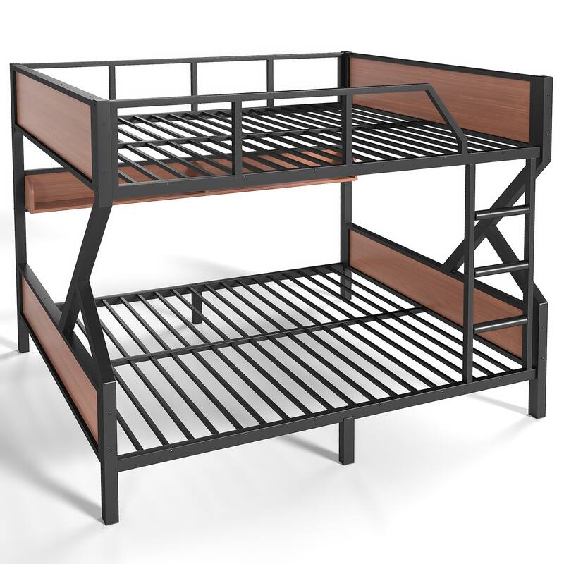 Full over Full Bunk Bed, Metal Bunk Bed with Storage Shelves and Lights, Space-saving & Noise-free Design, Black