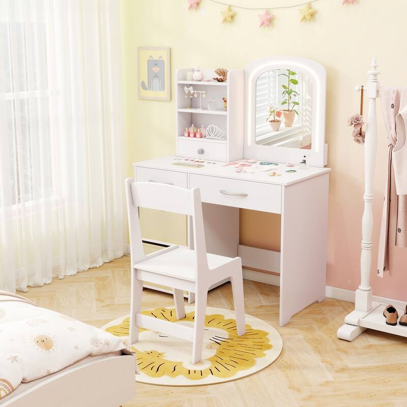 Gymax Kids Vanity Set Princess Makeup Desk & Chair w/ Mirror & Lights