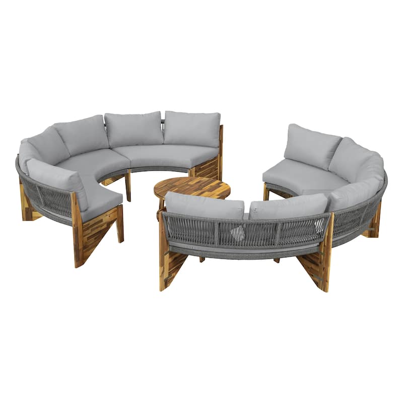 12-Seater Outdoor Acacia Wood Round Sectional Sofa Set with Coffee Table