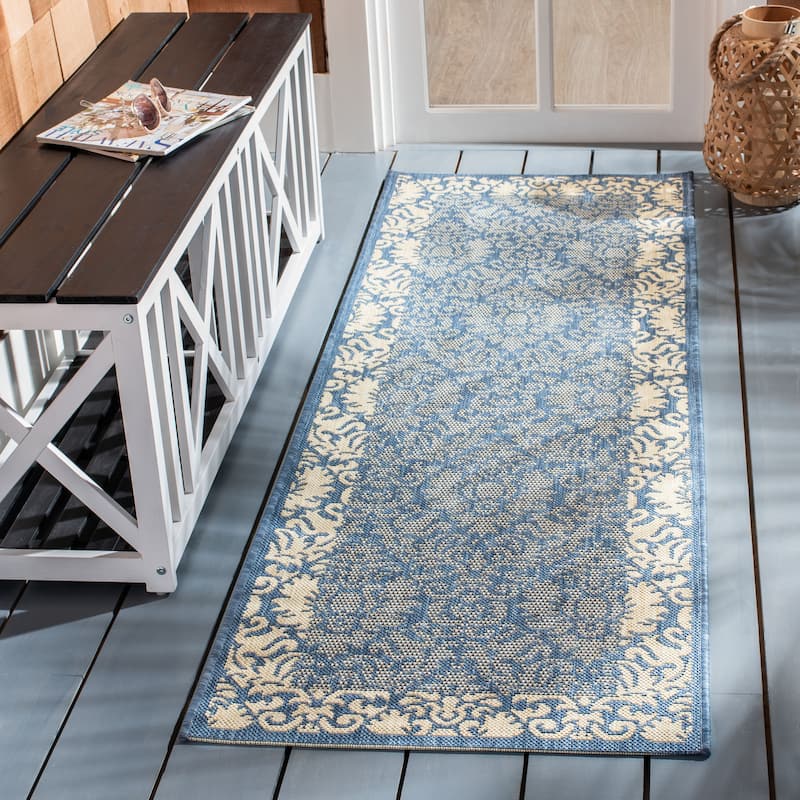 SAFAVIEH Courtyard Peggie Indoor/ Outdoor Patio Backyard Rug - 2'3" x 10' Runner - Blue/Natural