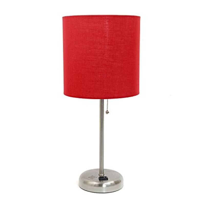 19.5 in. Brushed Steel Finish Table Lamp with Red Shade, Durable Stick Lamp for End/Side Tables
