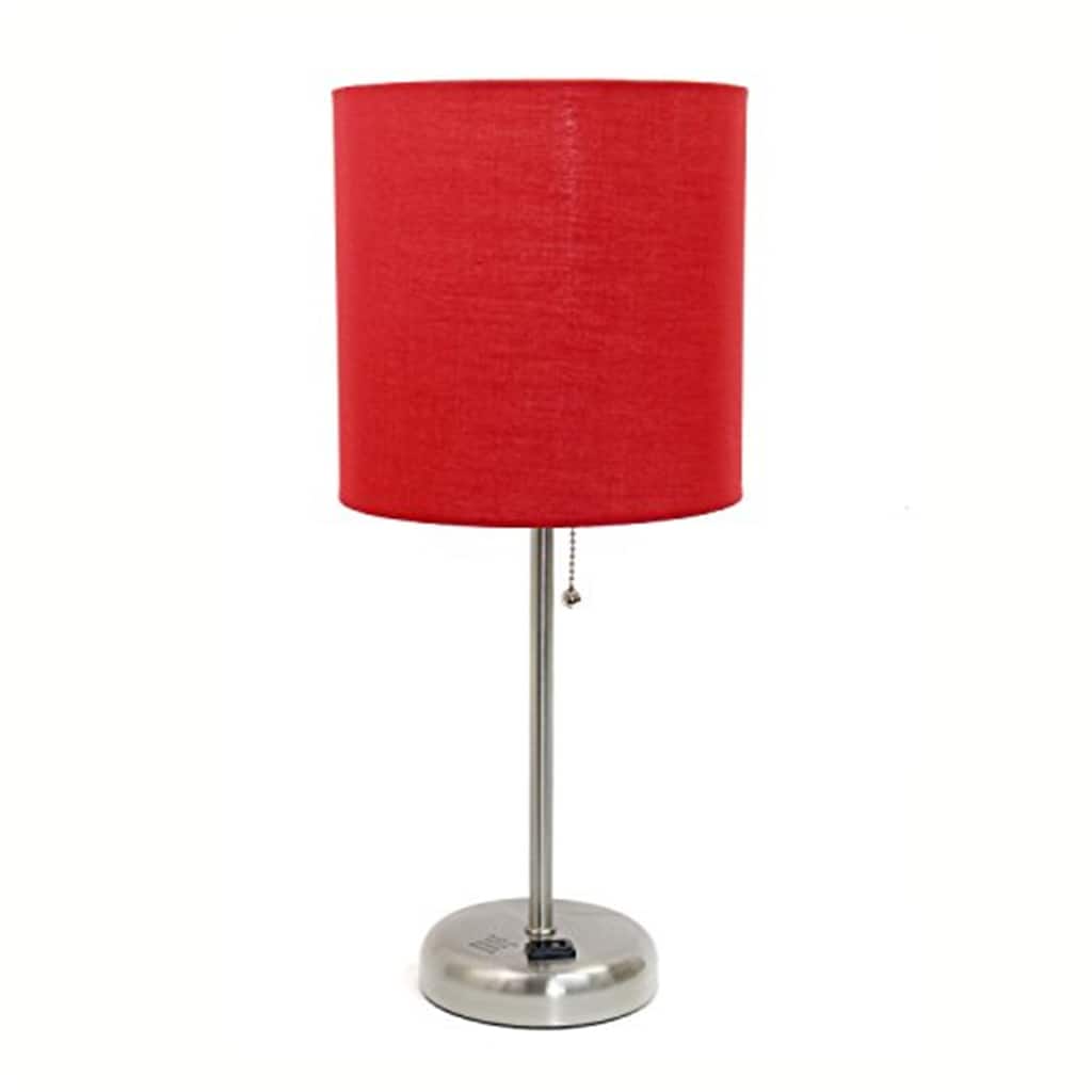 19.5 in. Brushed Steel Finish Table Lamp with Red Shade, Durable Stick Lamp for End/Side Tables