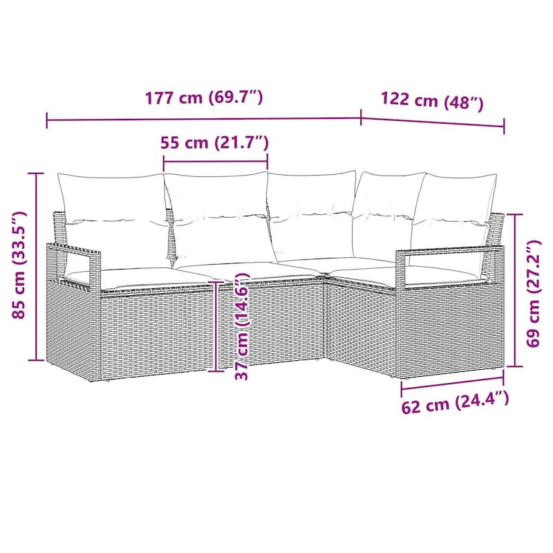 vidaXL 5 Garden Sofa Set with Cushions Black Poly Rattan - 69.7 x 48 x 27.2