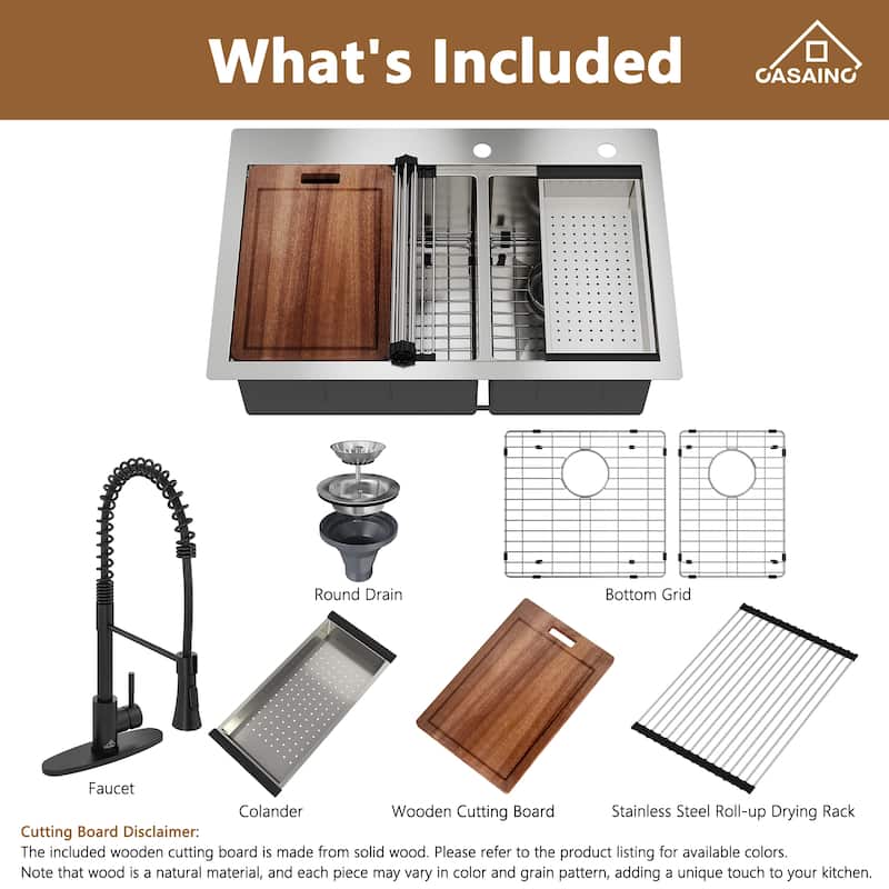 Handmade All-in-One Drop-In 2-hole 60/40 Double Bowl 18 Gauge Stainless Steel Workstation Kitchen Sink with Spring Neck Faucet