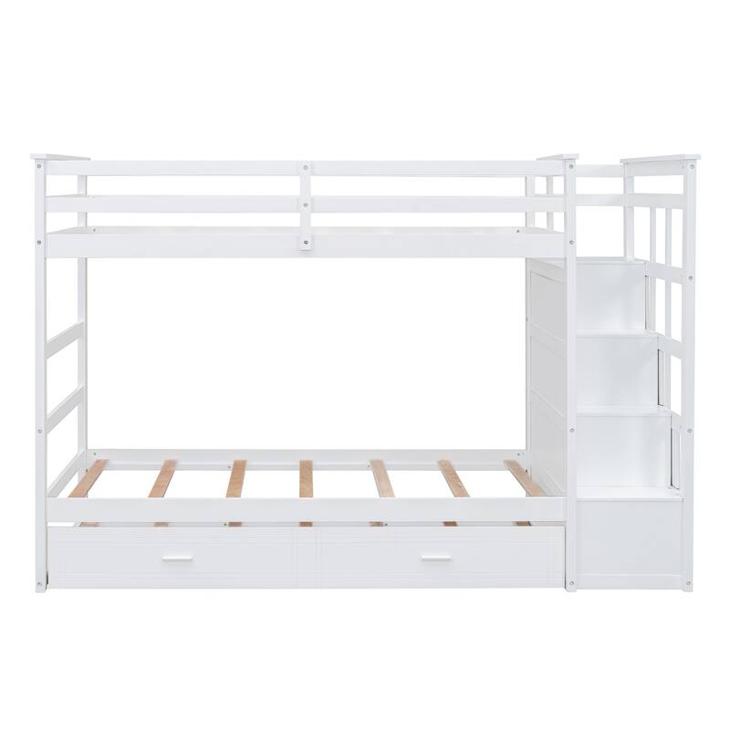White Twin Over Twin Bunk Bed with Trundle, Staircase and Storage Drawers, Space-Saving Design