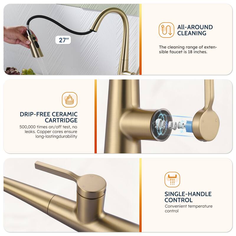 WOWOW 17.7 in. Single Handle Pull Down Sprayer Kitchen Faucet