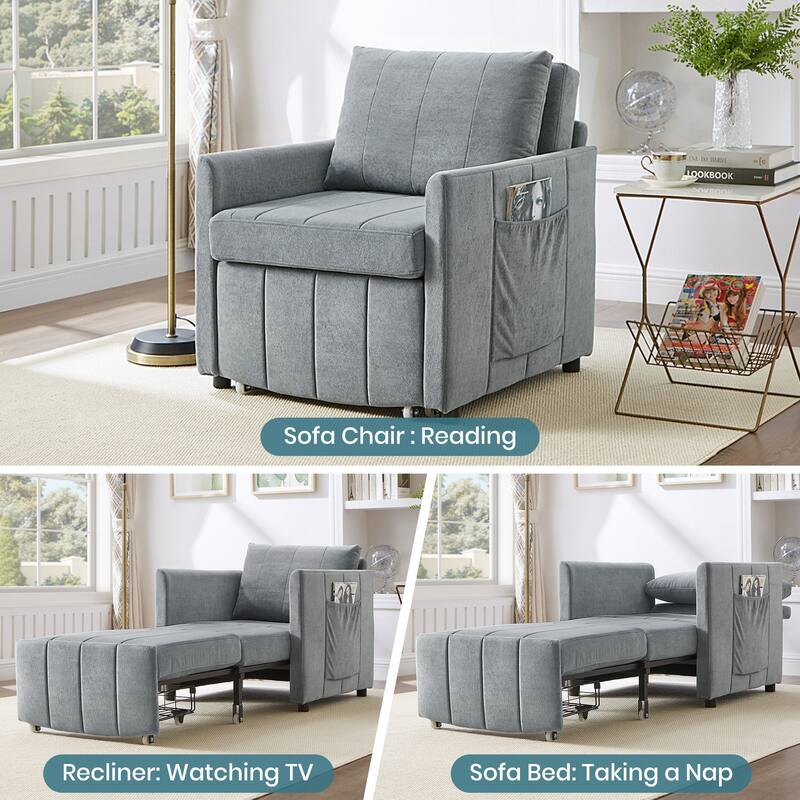 31.5" Pull Out Convertible Sleeper Sofa with 5-Position Adjustable Backrest, Side Pockets, Storage Basket, Grey Chenille