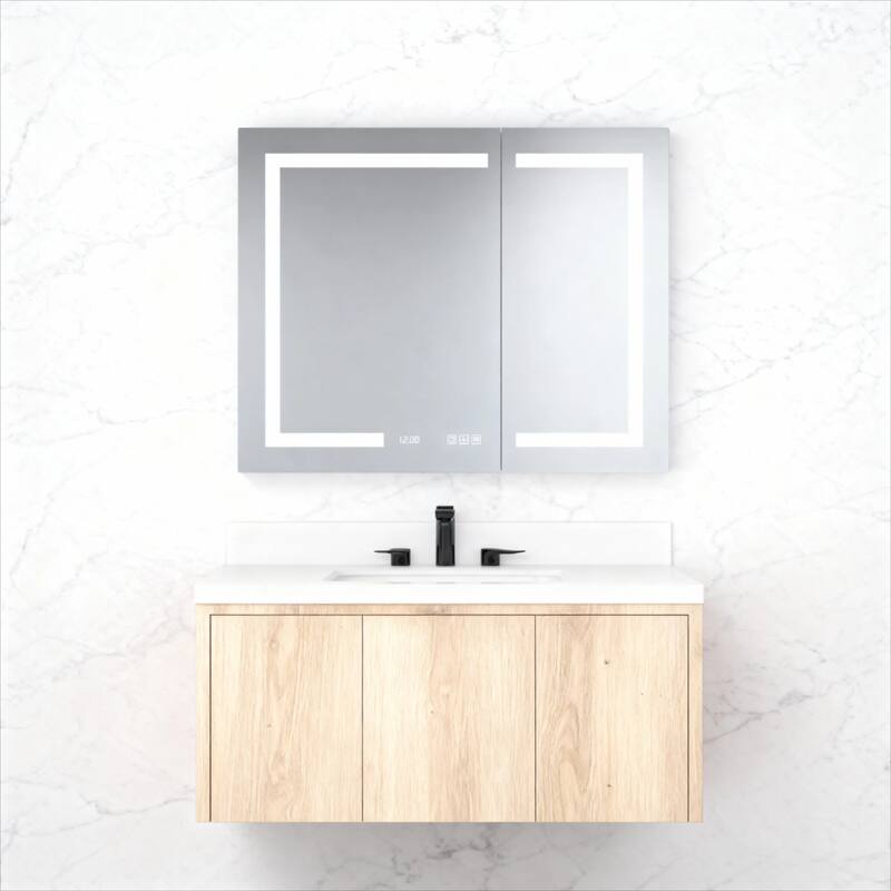 Rectangular Aluminum Recessed/Surface Mount Medicine Cabinet in Silver with Mirror LED and Clock - Silver - 36'' x 5.4'' x 30''