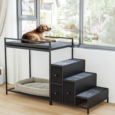 BOSSIN Multi-Level Pet Bunk Bed with Stairs & Storage - Foam-Upholstered Platform Dog/Cat Bed, Window Perch or Bedside Lounge