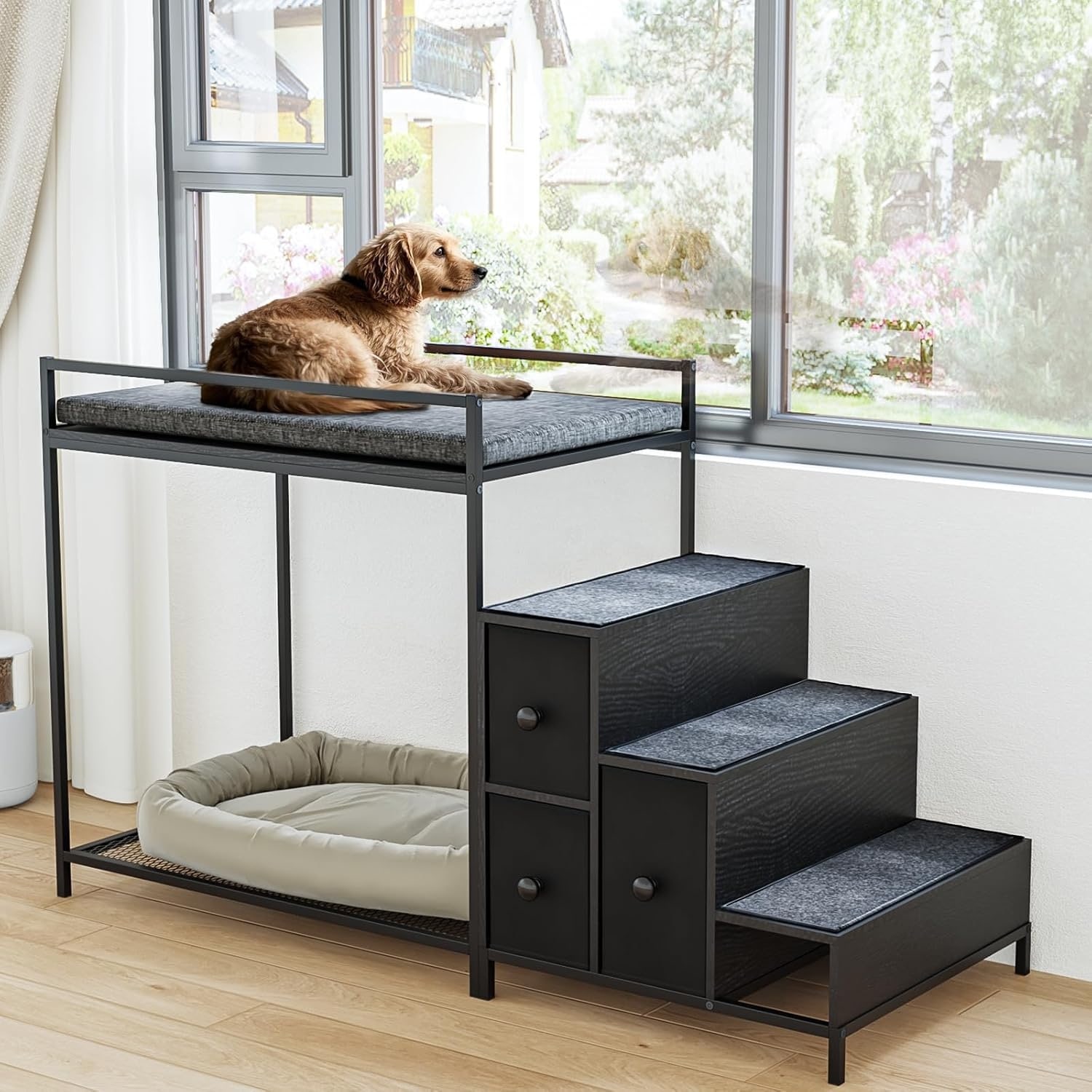 BOSSIN Multi-Level Pet Bunk Bed with Stairs & Storage - Foam-Upholstered Platform Dog/Cat Bed, Window Perch or Bedside Lounge