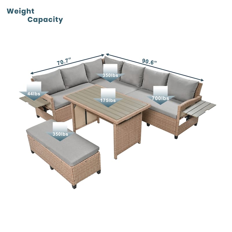 Roomfitters 5-Piece Outdoor Rattan Sofa Set, Patio Sectional Furniture with Dining Table, Storage Bench, Side Trays