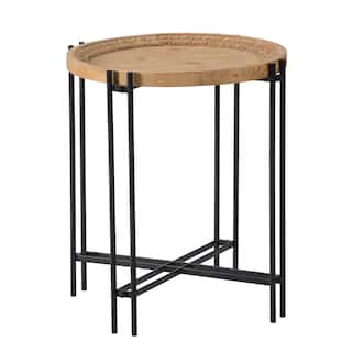 24 Inch Side Table, Modern, Round Tabletop, Carved Wood, Iron Frame, Brown
