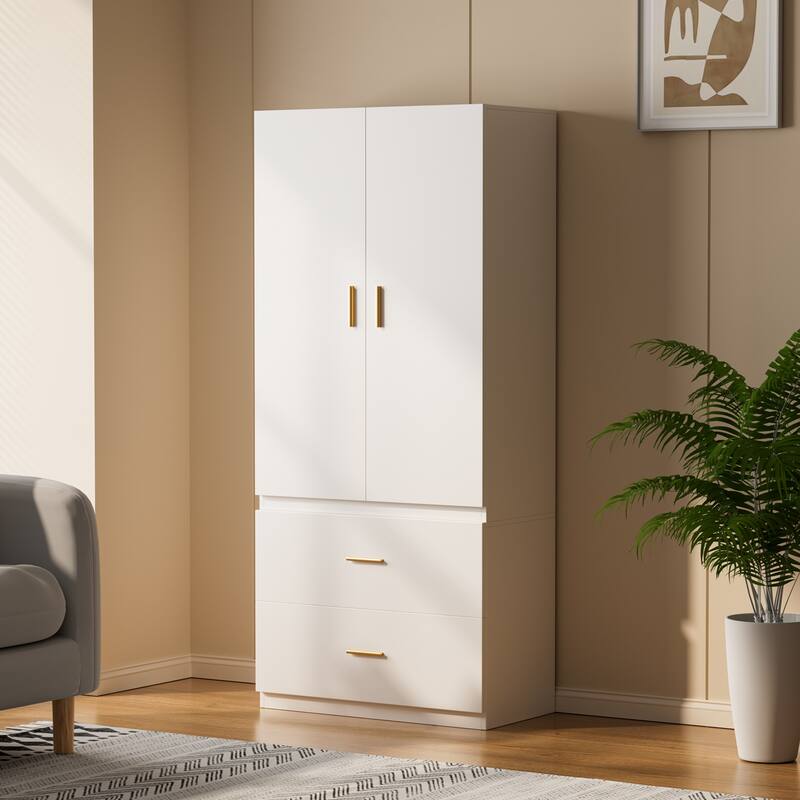 Gymojoy Armoire Wardrobe Closet, White Wooden Freestanding Clothes Storage Cabinet with Hanging Rods and Shelves for Bedroom