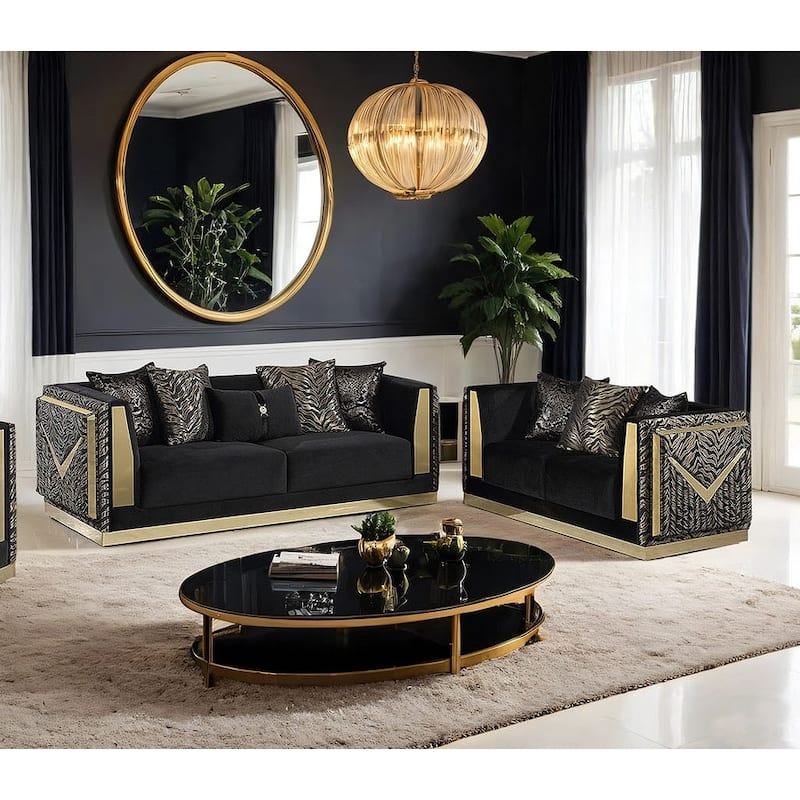 Luxury Living Room Furniture Sofa Set Zebra Printed Black Finish - 2 Piece