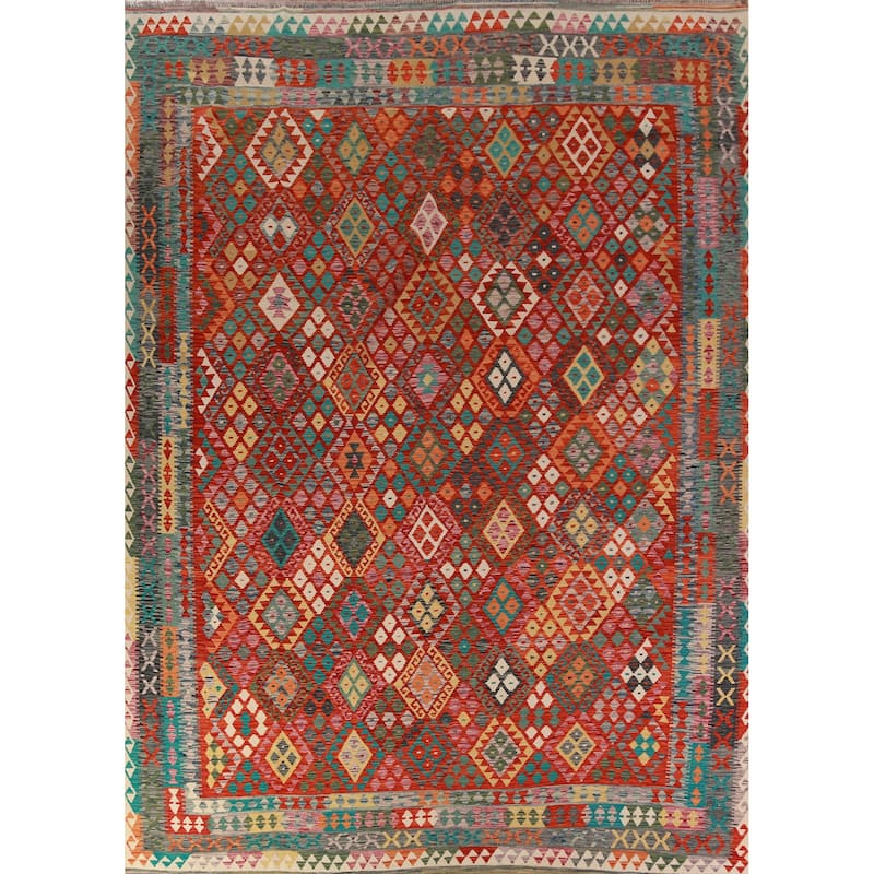 Reversible Kilim Oriental Area Rug Flatweave Dining Room Wool Carpet - 9'10"x 13'0"
