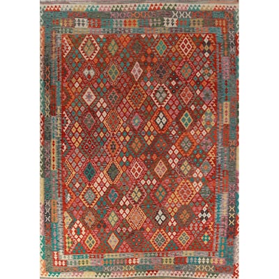 Reversible Kilim Oriental Area Rug Flatweave Dining Room Wool Carpet - 9'10"x 13'0"