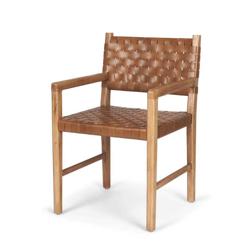 HomeRoots Brown Woven Leather And Solid Wood Dining Arm Chair - 21.5 in. x 33.25 in. x 21 in.