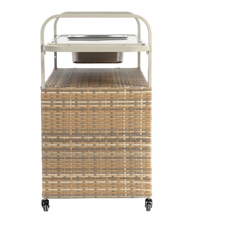 Outdoor Wicker Bar Cart with Steel Top, Ice Bucket,Lockable Wheels