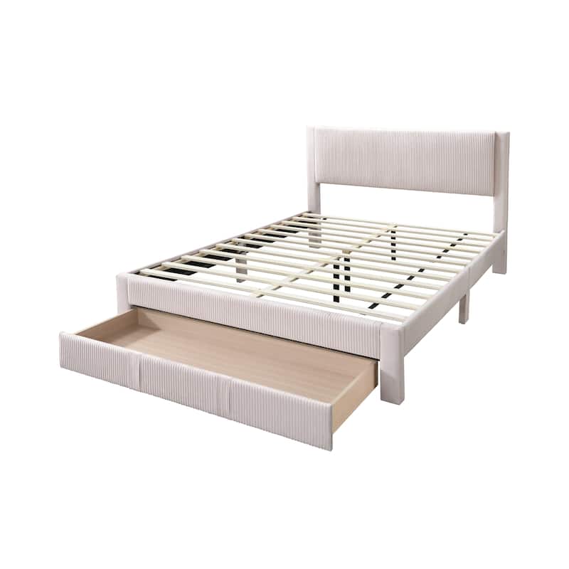 Queen Size Corduroy Platform Bed with Storage Drawer and Channel-Tufted Headboard and Contemporary Design