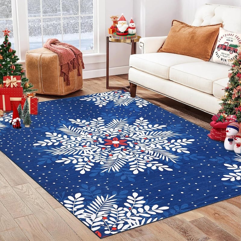 Christmas Snowflake Washable Area Rug, Floor Carpet for Holiday Decor, Blue - 4*6ft