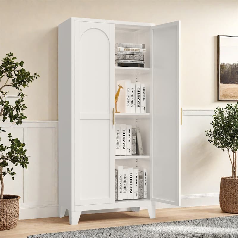 61" Metal Storage Cabinet w/ Doors and Adjustable Shelves for Kitchen - White
