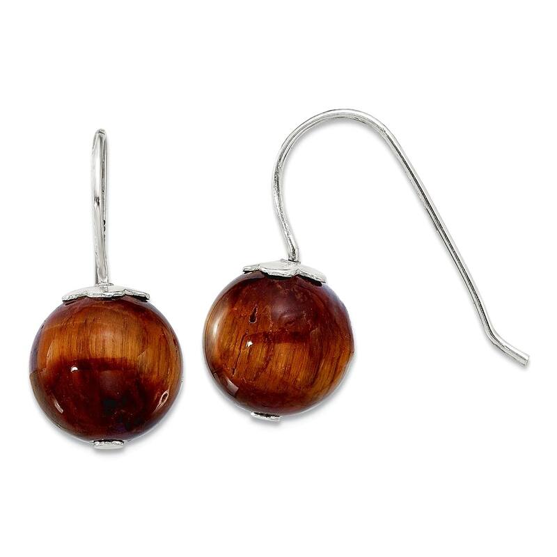 Curata 925 Sterling Silver Jade, Coral or Tiger's Eye 10mm Ball Hook Earrings - 21x10mm - Tiger's Eye - Tigers Eye