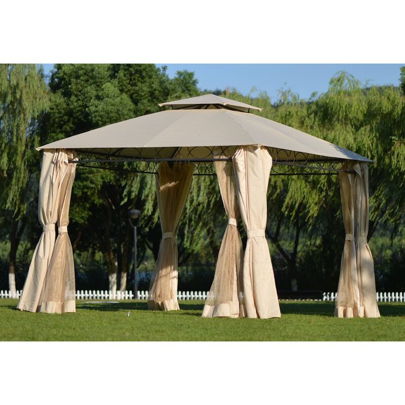 127"W x 127"D Square Quality Double Tiered Grill Canopy, Outdoor BBQ Gazebo Tent with UV Protection, Beige