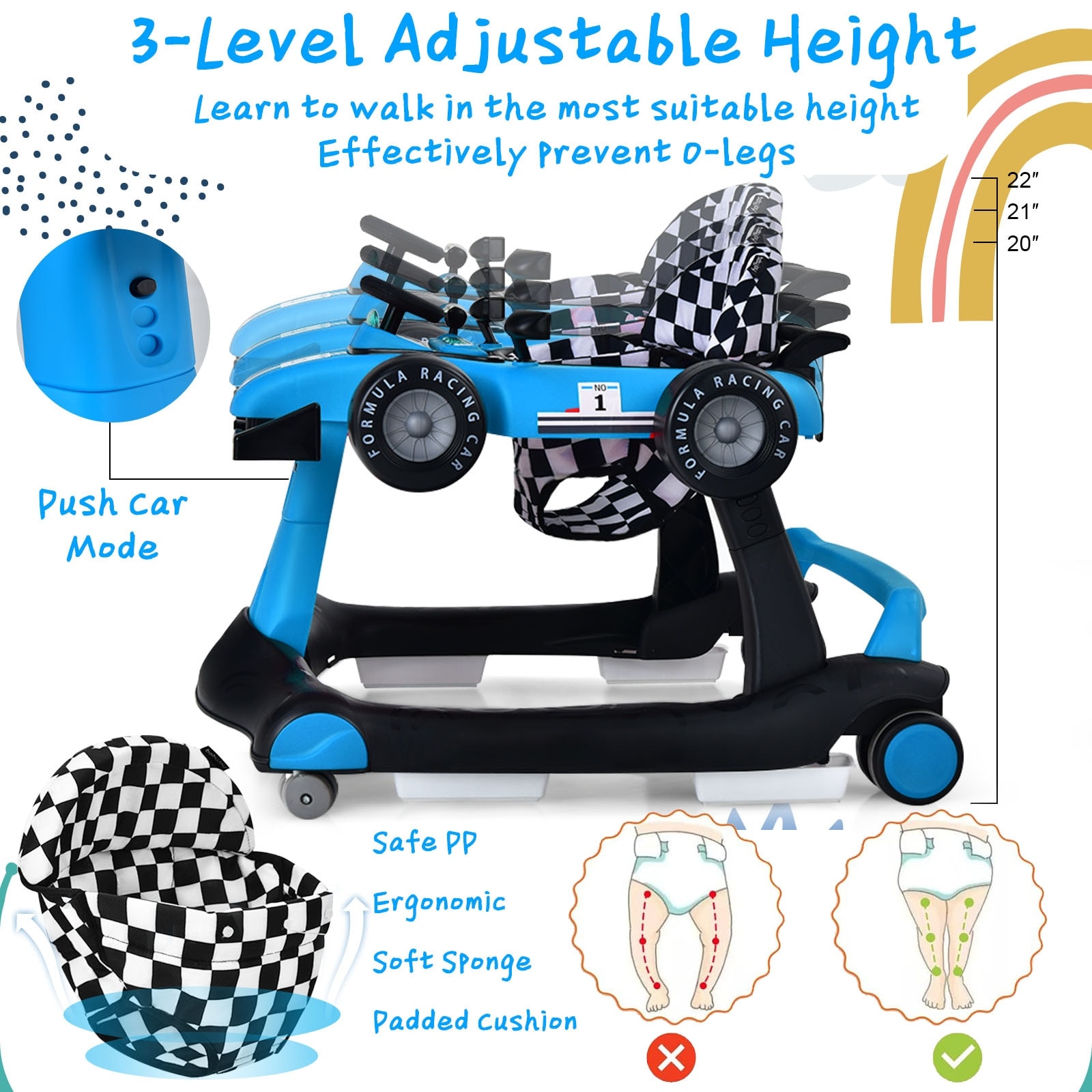 Blue PP Multi-Stage Kids Walker with Lights, Music and Adjustable