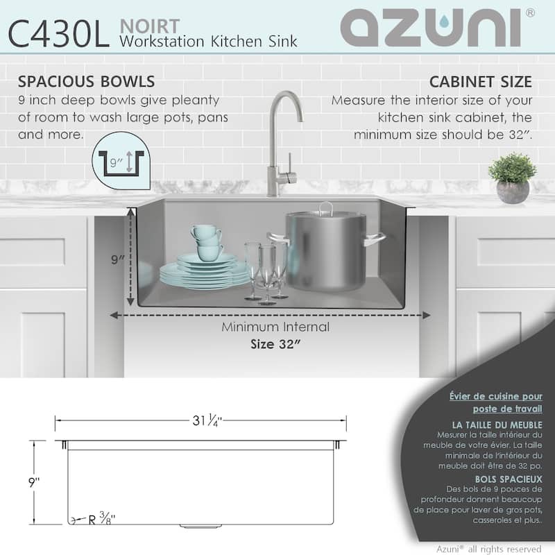 AZUNI 31.25 inch Top Mount Single Bowl Stainless Steel Ledge Workstation Kitchen Sink with Accessories C430L Handmade