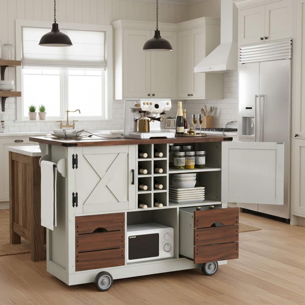 54" Farmhouse Kitchen Island with Drop Leaf, Power Outlet, 2 Doors, 2 Drawers & Spice Rack