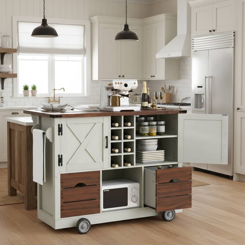 54"Kitchen Island Rolling Kitchen Island on 4 Wheels w/Foldable Wood Tabletop, Power Outlet Kitchen Storage Cart for Dining Room - White