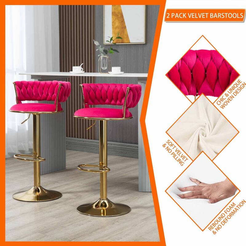 HOMEFUN Velvet Adjustable Height Swivel Armless Bar Stools With Golden Footrest(set of 2)