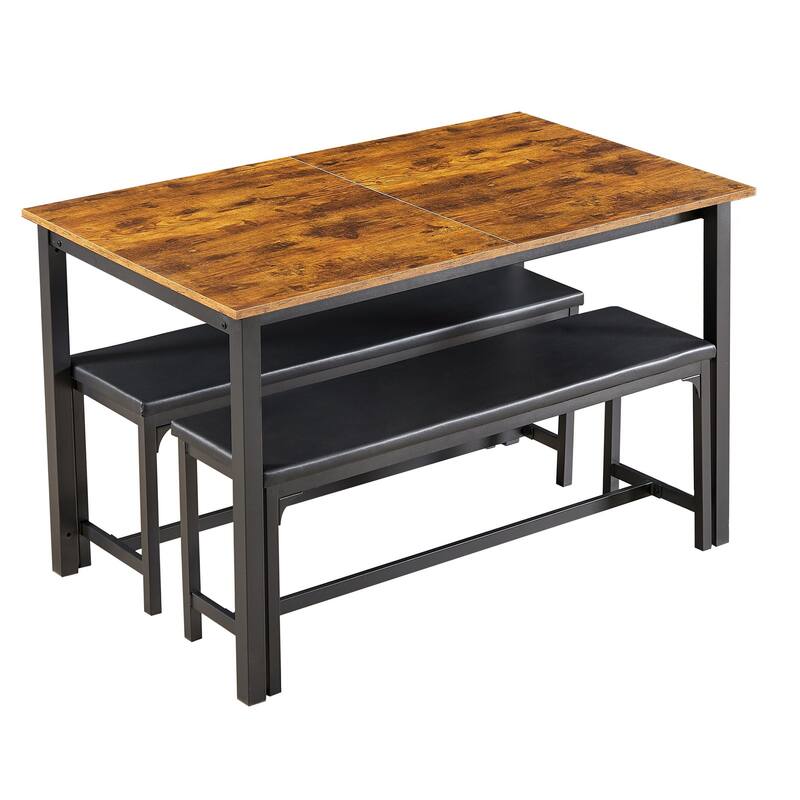 VECELO 3-Piece Dining Table Set with 2 Benches, 63" Extendable Kitchen Table & Chairs Set for 4-8, Dining Room Table