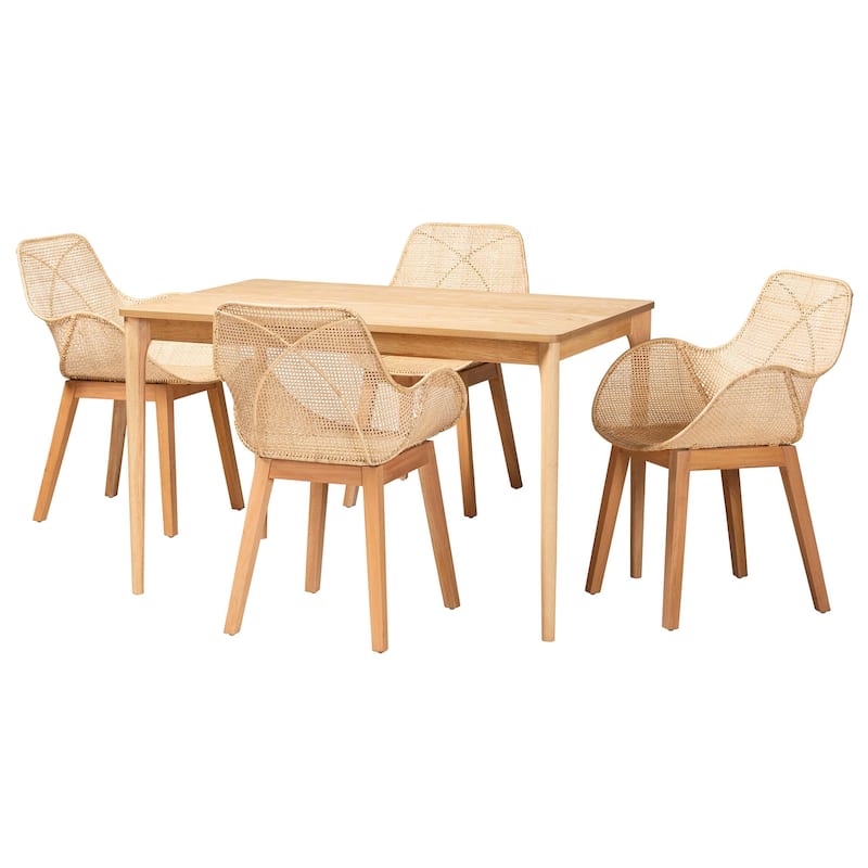 Ballerina Modern Bohemian Rattan and Metal Dining Set - Natural Brown - 5-Piece