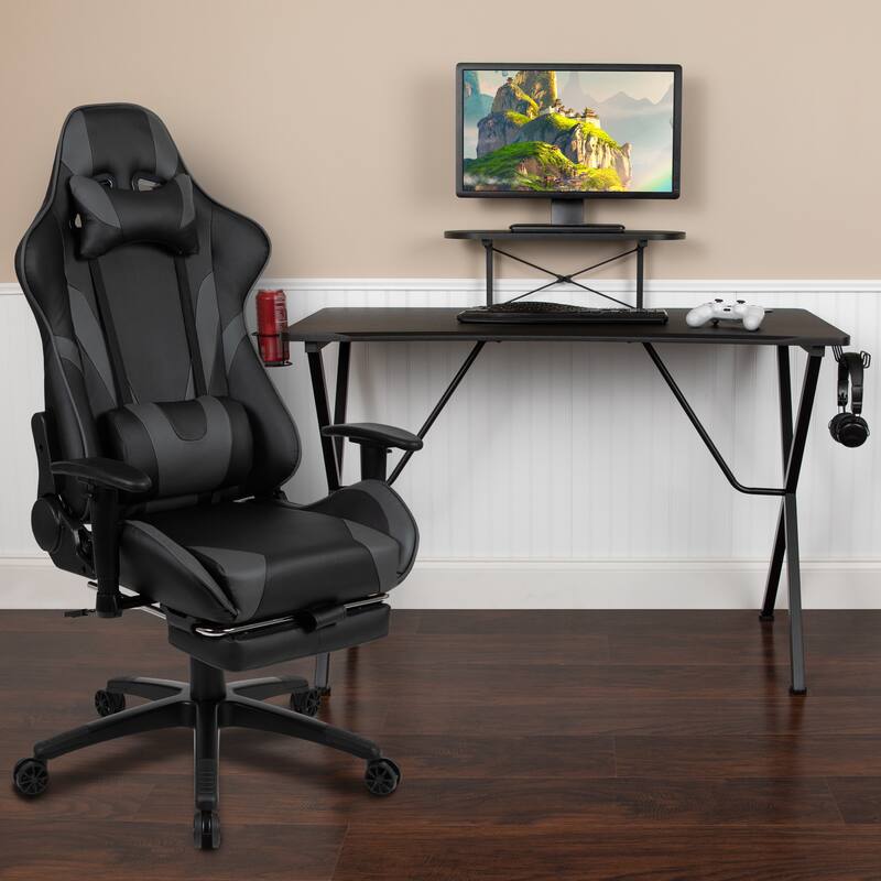 Gaming Desk & Chair Set with Cup Holder, Headphone Hook, and Monitor Stand - Grey