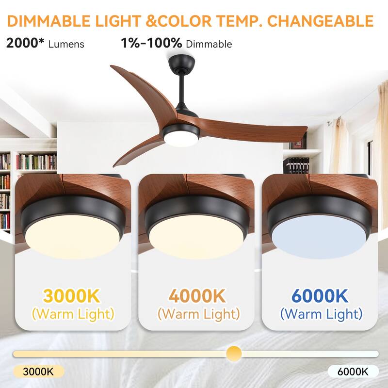 52 inches Indoor/Outdoor Ceiling Fan with Light Kit and Remote Control,DC Motor,3 CCT LED Dimmable for Bedroom Living Room Patio
