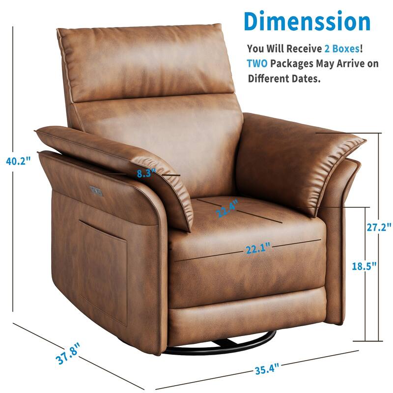 Power Recliner Chair Swivel Glider, Upholstered Faux Leather Nursery Reclining Sofa Chair with Charging Port