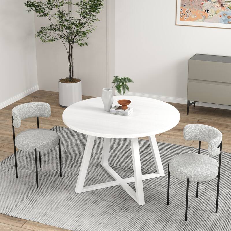 3-Piece Round Dining Set, Trestle Dining Table with 2 Boucle Chairs - Grey