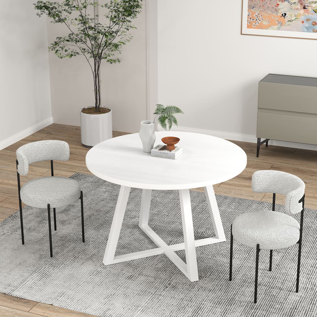 3-Piece Round Dining Set, Trestle Dining Table with 2 Boucle Chairs