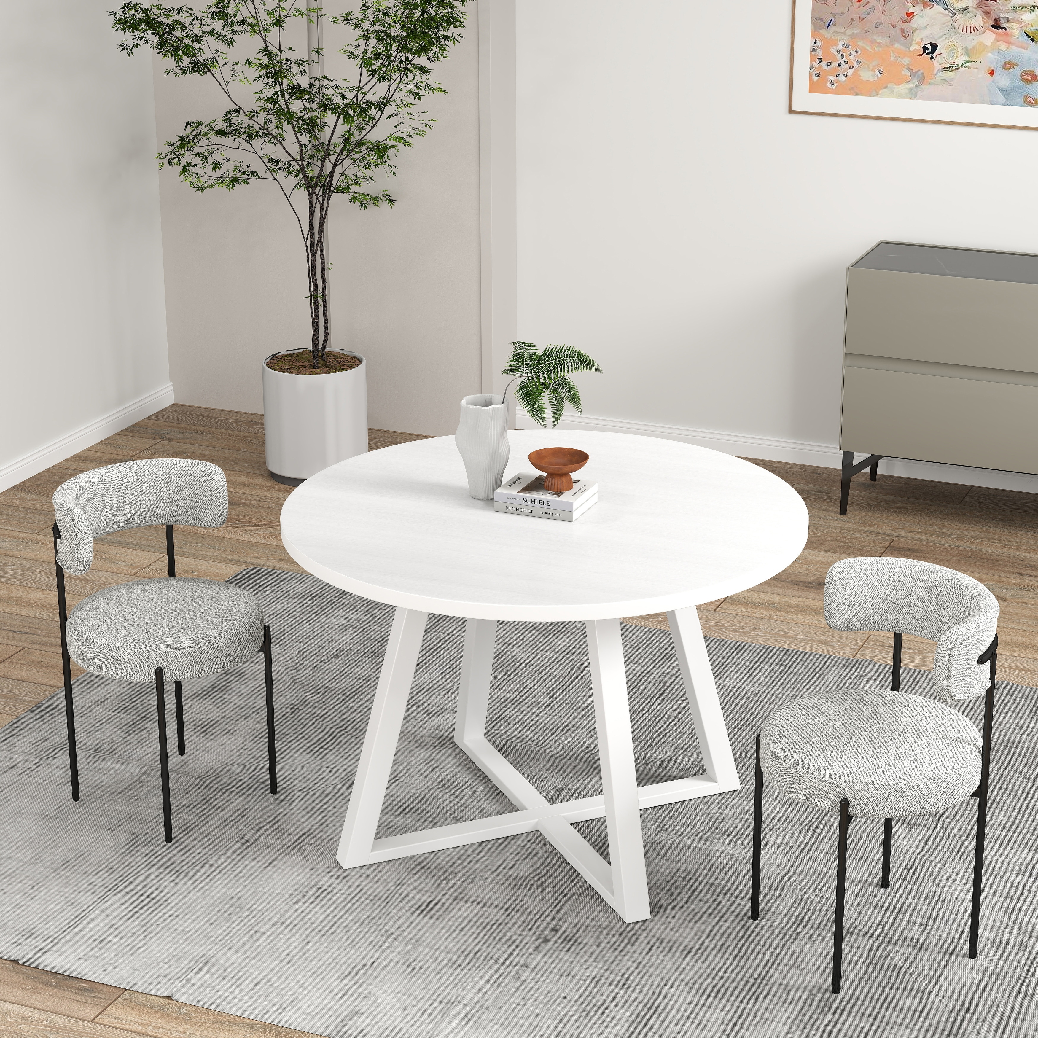Modern Trestle Table & Chairs Set White Multi Breakfast Nook with Dining Table and Fabric Chairs for Small Space