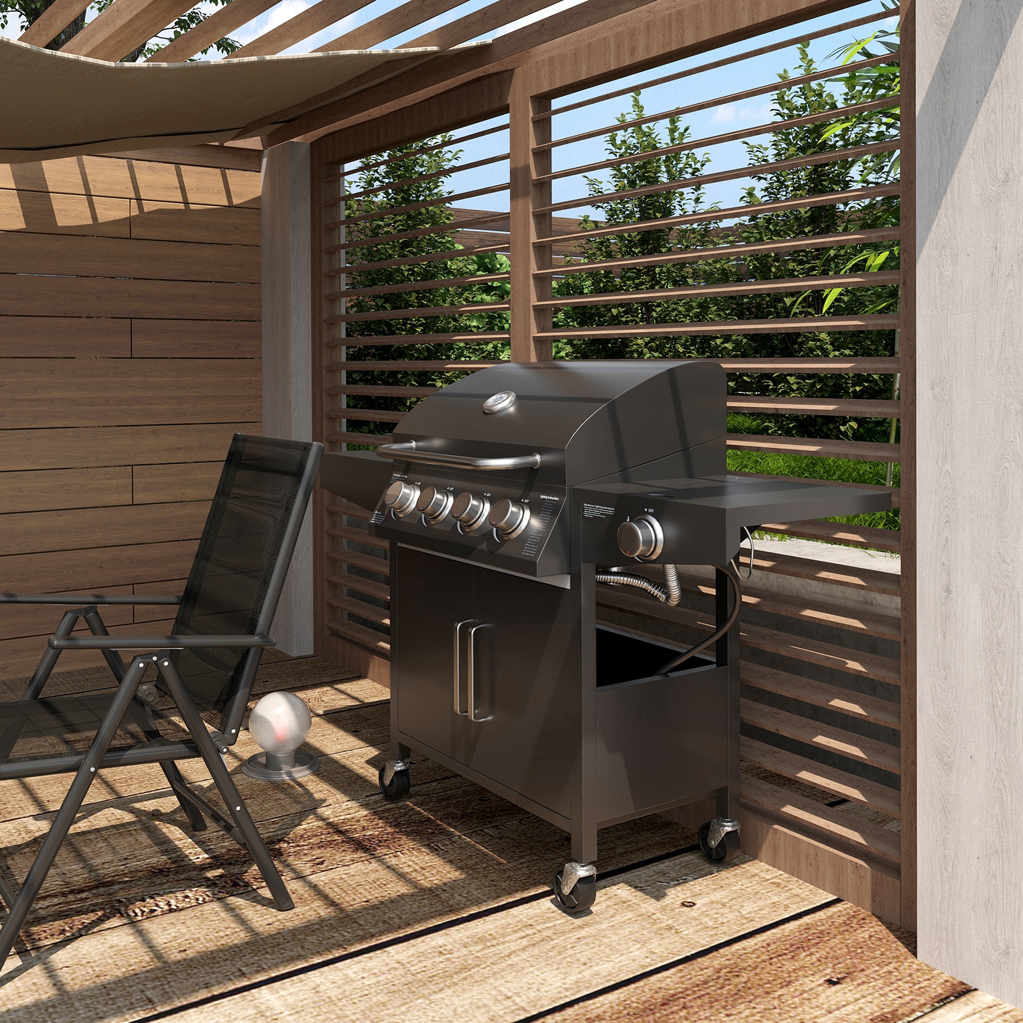 Outsunny 4+1 Burner Liquid Propane Gas Grill Outdoor Cabinet Style BBQ Trolley w/ Side Burner, Warming Rack, Thermometer