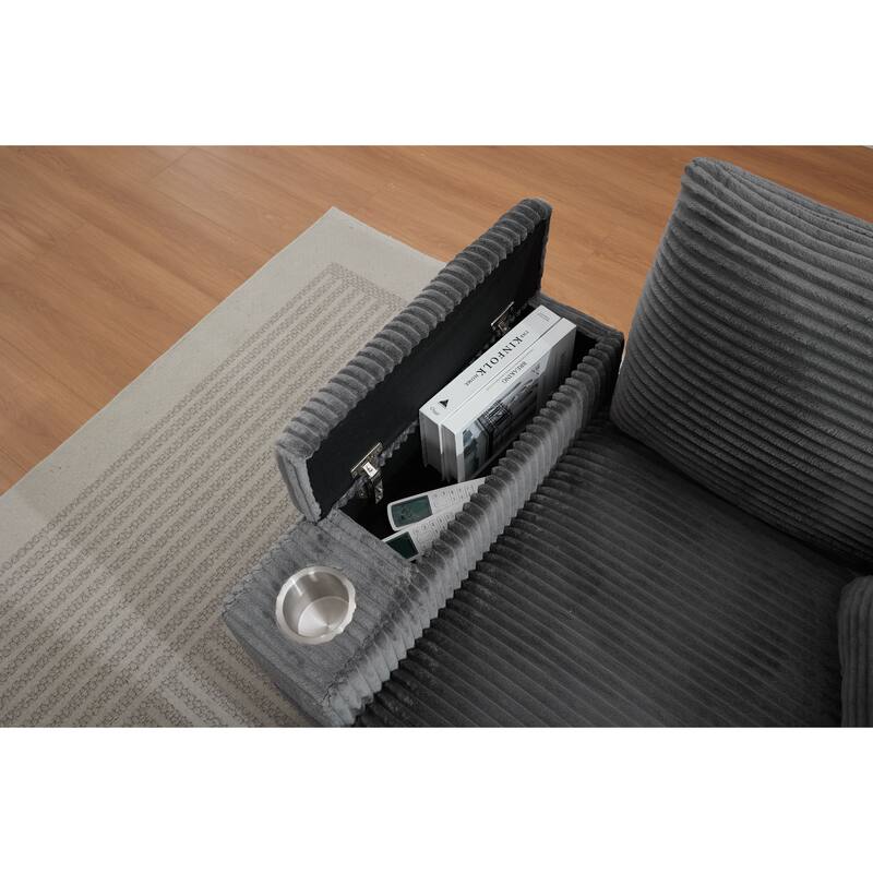 Corduroy Upholstered Chaise Lounge with Movable Ottoman, Living Room Storage Sofa Chair with Cup Holder, Detachable Cushions