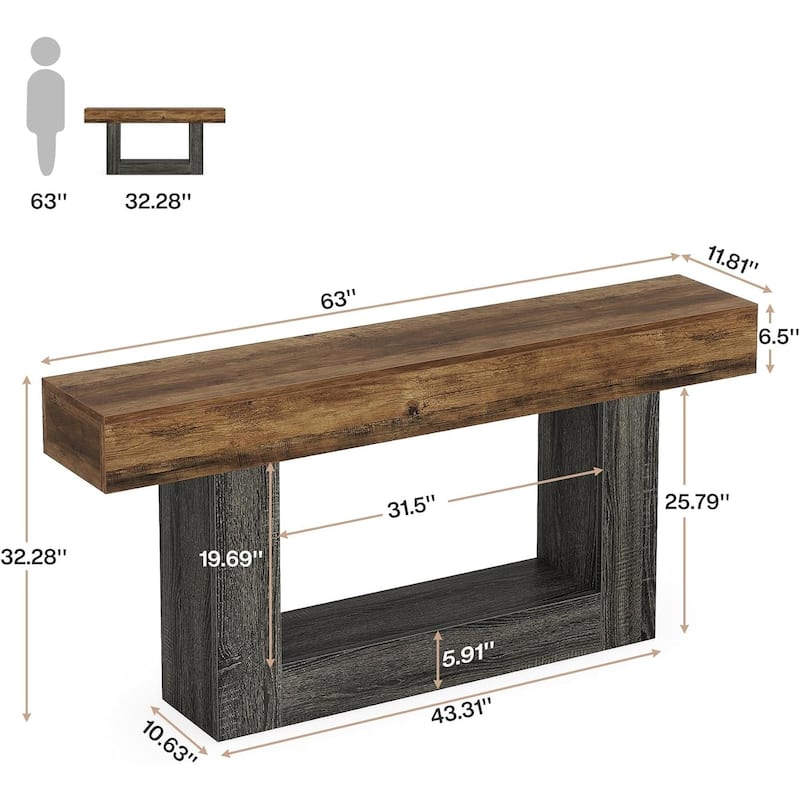 63 Inches Console Table, Farmhouse 2 Tiers Entryway Table, Sofa Table