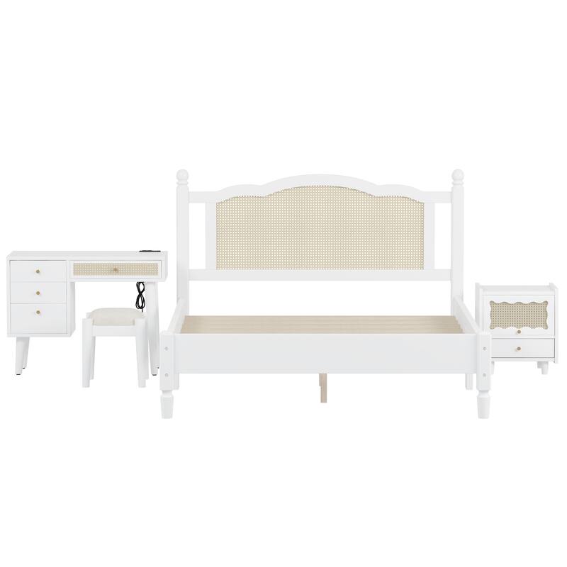 Wooden Platform Bed with Rattan Headboard Curved Wingback Bed Vintage Bed Frame Wood Slat Support Bed with Underbed Storage