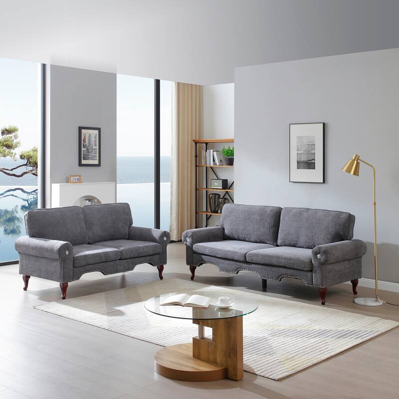 Linen 5-Seater Sectional Sofa Set with Chesterfield Design - Grey